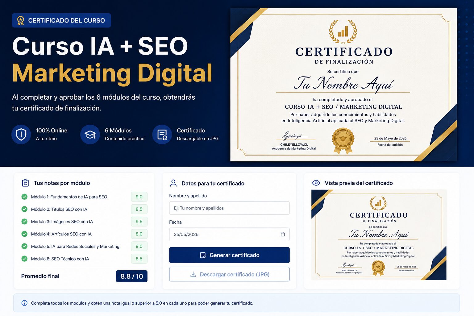 Certificado del Curso IA SEO Marketing Digital de ChileYellow