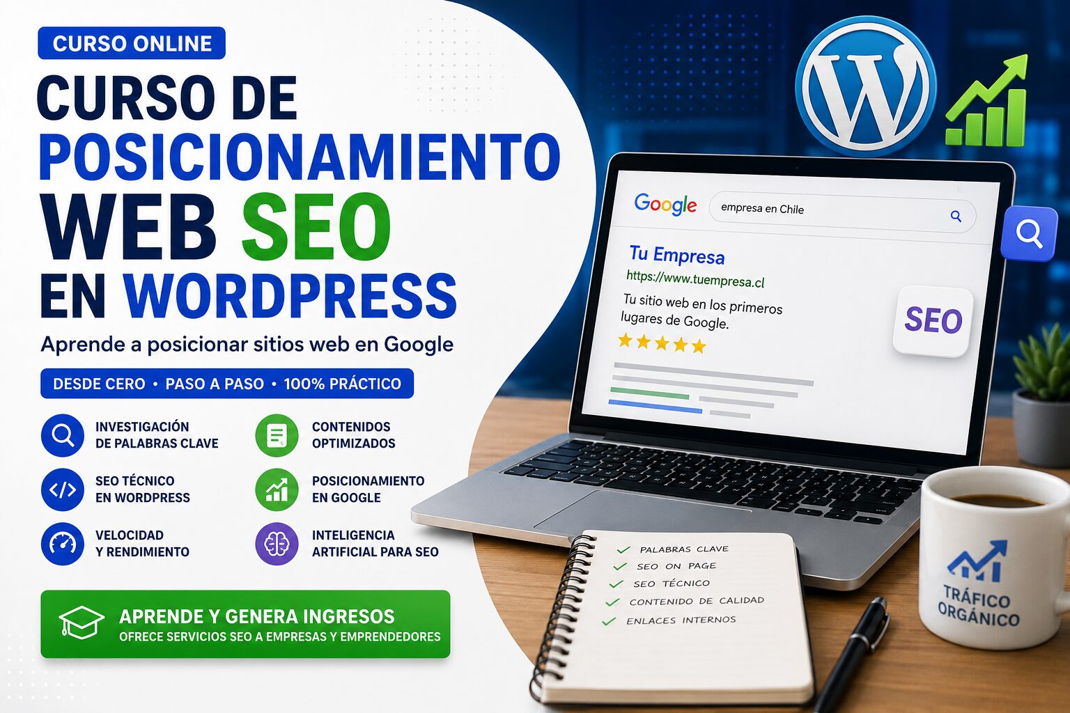Curso SEO profesional en WordPress para posicionar sitios web en Google con herramientas modernas y enfoque comercial