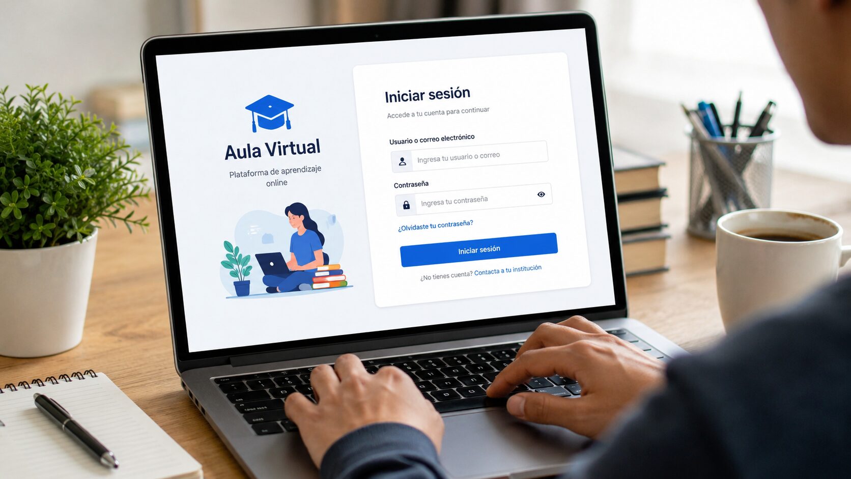 Persona intentando iniciar sesión en un aula virtual desde un computador