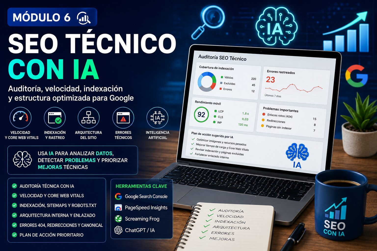 Auditoría SEO técnica con inteligencia artificial para revisar indexación velocidad y arquitectura web