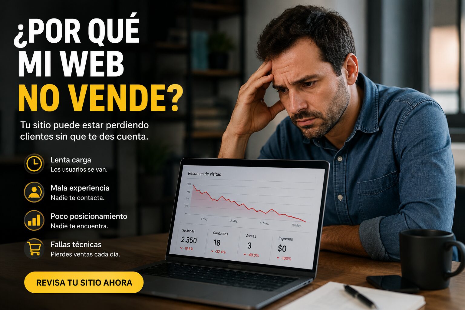 Un monitor mostrando una gráfica de tráfico web con visitas pero sin ventas, ilustrando el problema de conversión