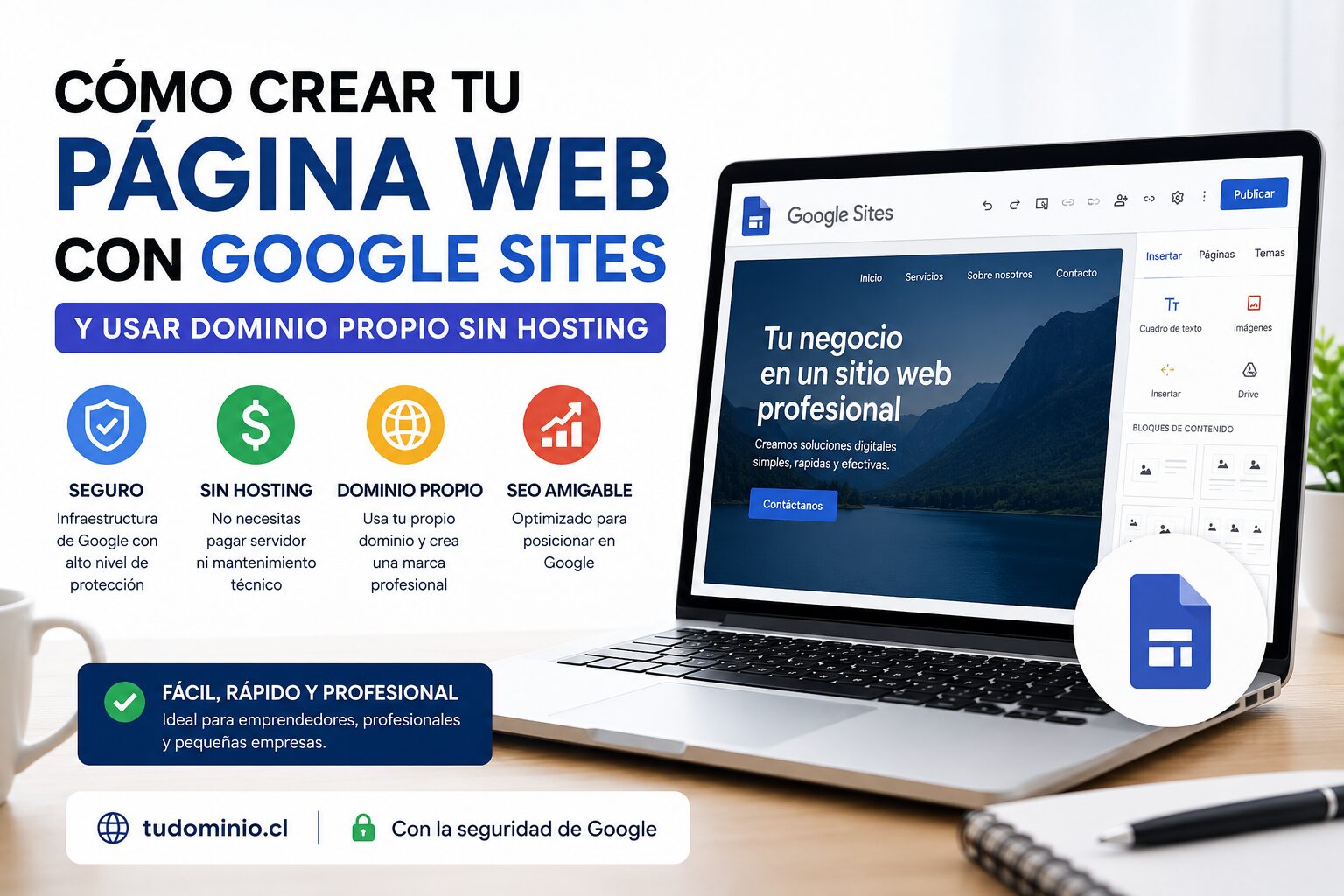 Interfaz de Google Sites mostrando la opción de conectar un dominio propio .cl