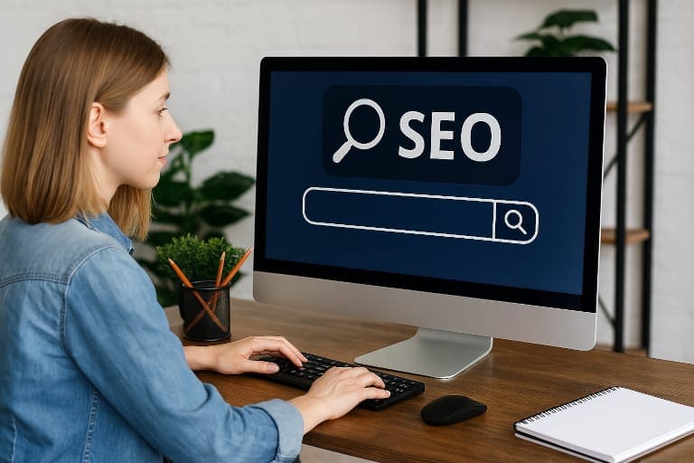Especialista realizando una auditoría SEO y analizando métricas de posicionamiento web
