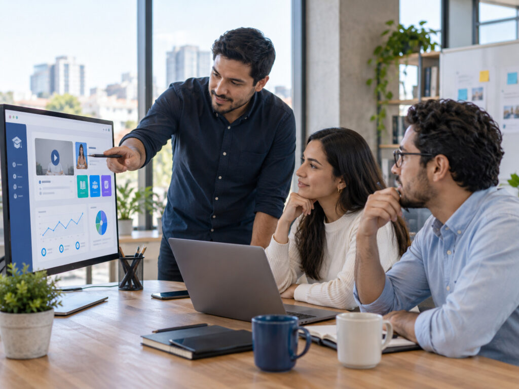 Equipo profesional revisando una plataforma LMS y sus métricas de aprendizaje